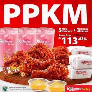 Promo Harga RICHEESE FACTORY Menu 5 Fire Chicken + 3 Rice Drink  - Richeese Factory
