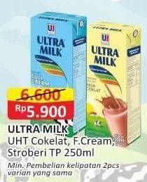 Promo Harga Ultra Milk Susu UHT Coklat, Full Cream, Stroberi 250 ml - Alfamart