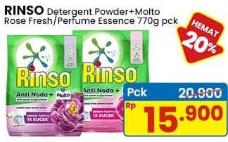 Promo Harga Rinso Anti Noda Deterjen Bubuk + Molto Pink Rose Fresh, + Molto Purple Perfume Essence 770 gr - Indomaret
