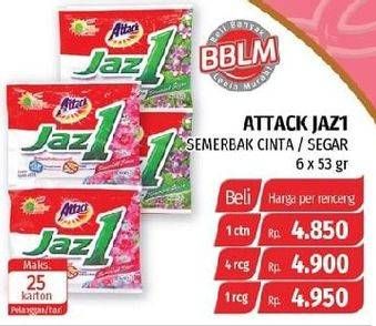 Promo Harga ATTACK Jaz1 Detergent Powder Semerbak Cinta, Pesona Segar per 6 sachet 53 gr - Lotte Grosir