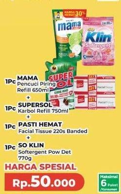 Promo Harga Mama Lemon Pencuci Piring + Supersol Karbol + Pasti Hemat Facial Tissue + So Klin Softergent  - Yogya