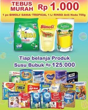 Promo Harga TEBUS MURAH Rp 1.000 BIMOLI / SANIA / TROPICAL Minyak Goreng 1ltr / RINSO Detergen Anti Noda 700g  - Indomaret
