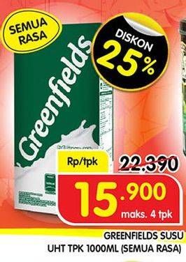 Promo Harga GREENFIELDS UHT Full Cream 1000 ml - Superindo