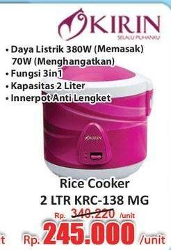 Promo Harga Kirin KRC 138 | Rice Cooker 2ltr  - Hari Hari
