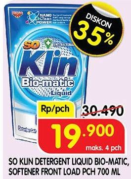 Promo Harga SO KLIN Biomatic Liquid Detergent +Softener Front Load, Front Load, Top Load 700 ml - Superindo