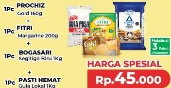 Prochiz Gold 160g, Fitri Margarine 200gr, Bogasari Segitiga Biru 1kg, Pasti Hemat Gula Lokal 1kg