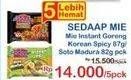 Promo Harga SEDAAP MIE Instant Goreng Korean Spicy 87g/ Soto Madura 82g pck  - Indomaret