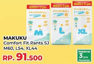 Promo Harga Makuku Comfort Fit Diapers Pants M60+6, L54+6, XL44+6 50 pcs - Yogya