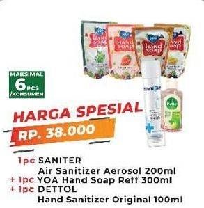 Promo Harga SANITER Air Sanitizer Aerosol 200ml, YOA Hand Soap 300ml, DETTOL Hand Sanitizer Original 100ml  - Yogya