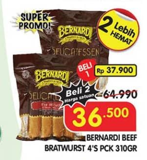 Promo Harga Bernardi Delicatessen Sausage Beef Bratwurst With Cheese, Beef Bratwurst With Blackpaper 310 gr - Superindo