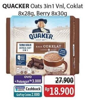 Promo Harga Quaker Oatmeal 3 In 1 Berry Burst, 3in1 Cokelat, 3in1 Vanilla per 8 pcs 28 gr - Alfamidi