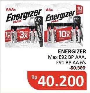 Promo Harga ENERGIZER MAX Battery E-92 BP AAA, E-91 BP AA 6 pcs - Alfamidi