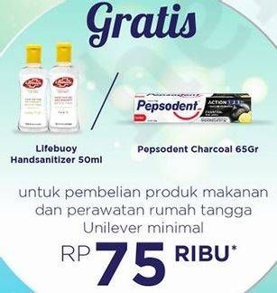 Promo Harga LIFEBUOY Hand Sanitizer 50ml / PEPSODENT Charcoal 65gr  - Carrefour