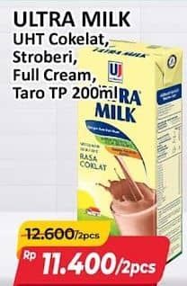 Promo Harga Ultra Milk Susu UHT Coklat, Stroberi, Full Cream 200 ml - Alfamart