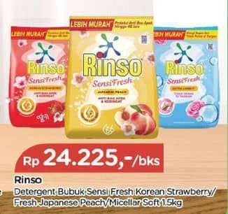 Promo Harga Rinso Anti Noda Deterjen Bubuk + Molto Korean Strawberry, + Molto Japanese Peach, Sensi Fresh Extra Lembut 1500 gr - TIP TOP