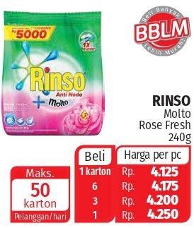 Promo Harga RINSO Anti Noda Deterjen Bubuk + Molto Pink Rose Fresh 240 gr - Lotte Grosir