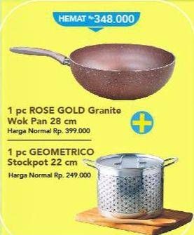 Promo Harga 1pc ROSE GOLD Granite Wok Pan 28cm & 1pc GEOMETRICO Stockpot 22cm  - Carrefour