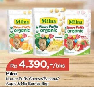 Promo Harga Milna Nature Puffs Organic Cheese, Banana, Apple Mix Berries 15 gr - TIP TOP