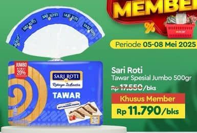 Promo Harga Sari Roti Tawar Spesial Jumbo 555 gr - TIP TOP