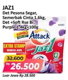 Promo Harga Attack Jaz1 Detergent Powder Pesona Segar, Semerbak Cinta, +Softener Rose Berry 1500 gr - Alfamart