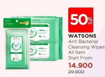 Promo Harga Watsons Antibacterial Cleansing Wipes All Variants 50 sheet - Watsons