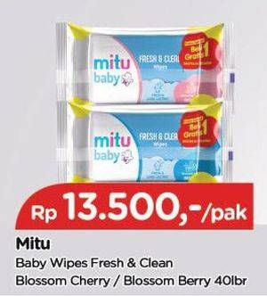 Promo Harga MITU Baby Wipes Fresh & Clean Blue Blossom Berry, Pink Blooming Cherry 60 sheet - TIP TOP