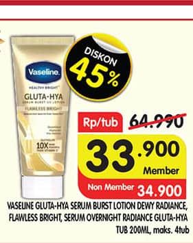 Promo Harga Vaseline Healthy Bright Gluta-Hya Lotion Dewy Radiance, Flawless Bright, Overnight Radiance 200 ml - Superindo