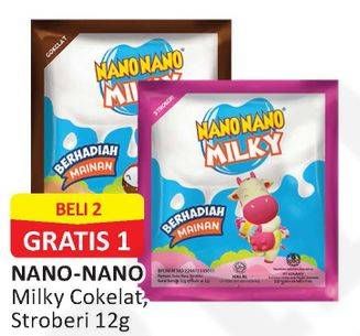 Promo Harga NANO NANO Milky Candy Coklat, Strawberry 12 gr - Alfamart