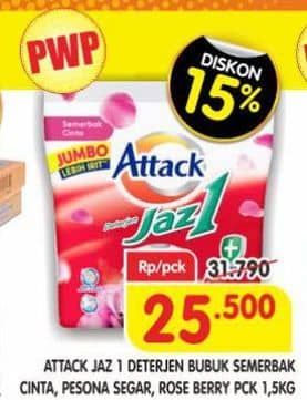 Promo Harga Attack Jaz1 Detergent Powder +Softener Rose Berry, Semerbak Cinta, Pesona Segar 1400 gr - Superindo