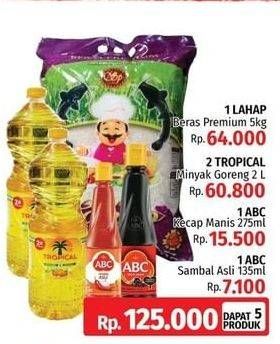 Promo Harga BERAS LAHAP Beras Premium 5Kg + TROPICAL MInyak Goreng + ABC Kecap Manis 275ml + ABC Sambal 135ml  - LotteMart