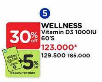 Promo Harga Wellness Vitamin D3 1000IU 60 pcs - Watsons