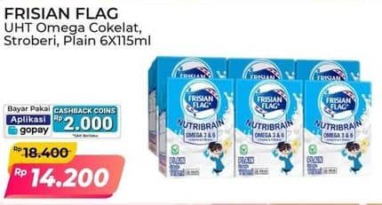 Promo Harga Frisian Flag Susu Cair UHT Nutribrain Cokelat, Strawberry, Plain per 6 tpk 115 ml - Alfamart