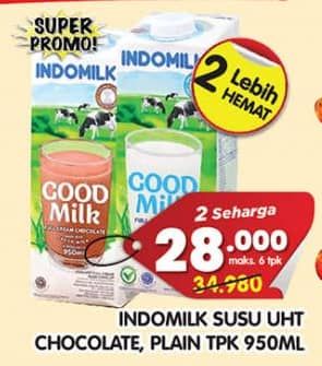 Promo Harga Indomilk Susu UHT Cokelat, Full Cream Plain 950 ml - Superindo