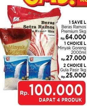 Promo Harga Paket 100rb ( Save L Beras Ramos + Choice L Minyak Goreng+ 2 Choice L Gula Pasir)  - LotteMart
