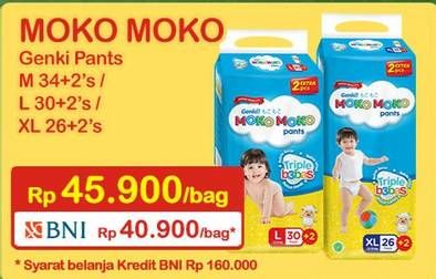Promo Harga Genki Moko Moko Pants XL26+2, L30+2, M34+2 28 pcs - Indomaret