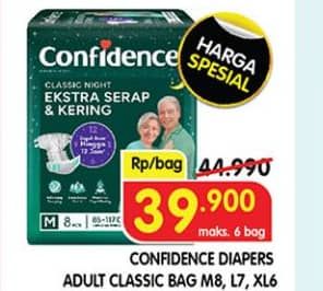 Confidence Adult Classic Night Ekstra Serap & Kering 6 pcs Diskon 11%, Harga Promo Rp39.900, Harga Normal Rp44.990, Maks 6 Bag