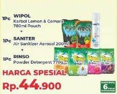 Promo Harga WIPOL Karbol Lemon/Cemara 780ml, SANITER Air Sanitizer Aerosol 200ml, RINSO Powder Detergent 770g  - Yogya