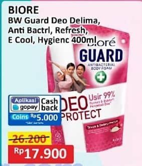 Promo Harga Biore Guard Body Foam Deo Protect Tawas Delima, Active Antibacterial, Hygienic Antibacterial, Lively Refresh, Energetic Cool 400 ml - Alfamart