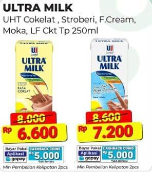 Promo Harga Ultra Milk Susu UHT Coklat, Stroberi, Full Cream, Moka 250 ml - Alfamart