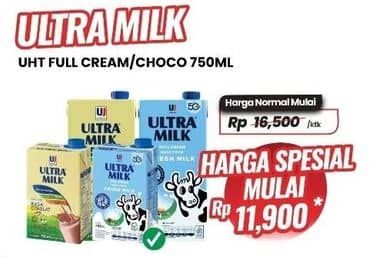 Promo Harga Ultra Milk Susu UHT Full Cream, Coklat 750 ml - Carrefour