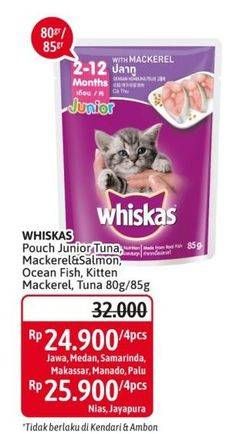 Promo Harga WHISKAS Kitten Cat Food Junior Tuna, Ocean Fish, Mackerel, Tuna per 4 pcs 85 gr - Alfamidi