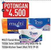 Promo Harga MULTI Facial 1000gr / TESSA Toilet PB16 8 Roll / Kitchen 3 Roll  - Hypermart