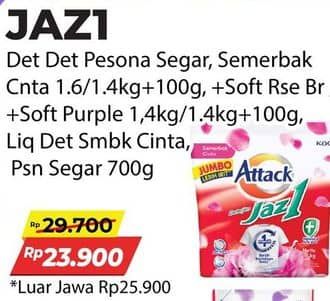 Promo Harga Attack Jaz1 Detergent Powder Pesona Segar, Semerbak Cinta, +Softener Rose Berry, +Softener Purple Blossom 1400 gr - Alfamart