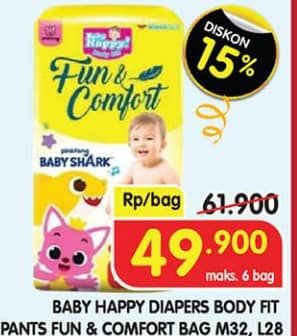 Promo Harga Baby Happy Baby Diapers Pants Fun & Comfort M32, L28 28 pcs - Superindo