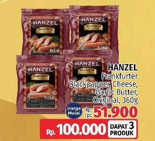 Promo Harga HANZEL Frankfurter Mozarela Cheese, Original, Blackpepper, Garlic Butter 360 gr - LotteMart