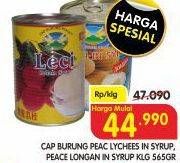 Promo Harga CAP BURUNG Peac Lychees in Syrup, Peace Longan in Syrup Klg 565gr  - Superindo