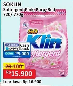 Promo Harga So Klin Softergent Rossy Pink, Purple Lavender, Cheerful Red 770 gr - Alfamart