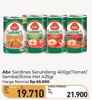 Promo Harga ABC Sardines Bumbu Serundeng, Saus Tomat, Saus Cabai, Saus Ekstra Pedas 400 gr - Carrefour