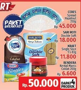 Promo Harga Paket Breakfast: Ceres Spread Hazelnut + Sari Roti Double Soft + Kraft Single Slice 5's + Bendera Kental Manis Coklat  - LotteMart