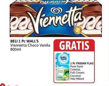 Promo Harga Beli 1 Walls Viennetta Choco Vanila 800ml, Gratis 1 Frisian Flag Pure Farm Cokelat, Full Cream, Coconut 946/900ml  - Alfamidi
